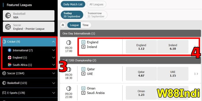 how to play online cricket betting in India at w88 step 2
