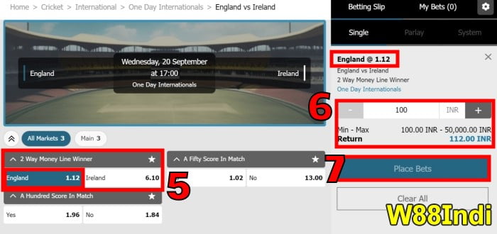 how to play online cricket betting in India at w88 step 3