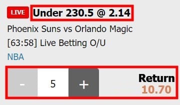 W88 over under basketball betting live bets under