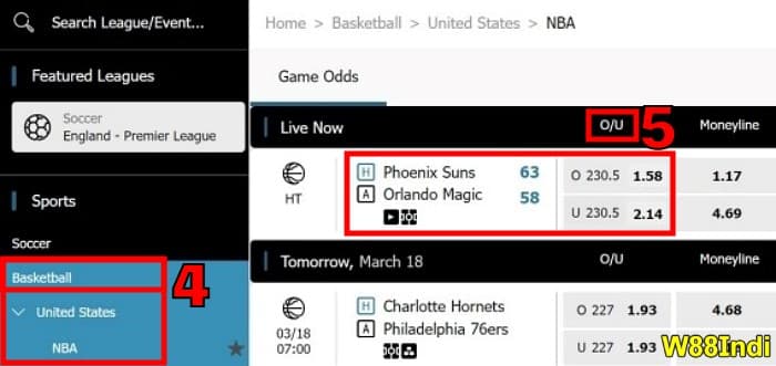 W88 over under basketball betting sportbook 1
