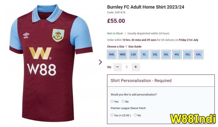 w88 burnley fc official shirt sponsor jersey kit 2023