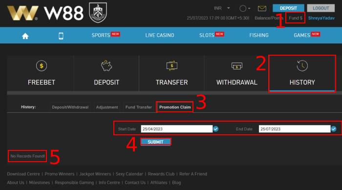 w88 free credit claim check promotion claim history and claim ₹250 free bonus online