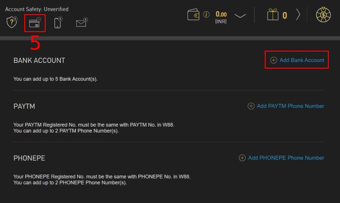 w88 verification account to claim free credit of ₹250 by adding the bank account or paytm account