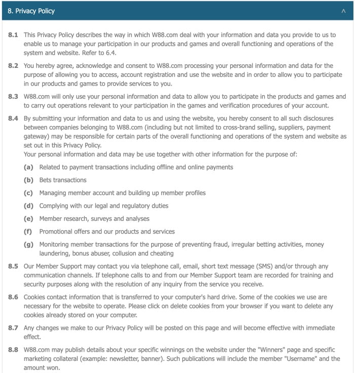 Components of W88 Privacy Policy
