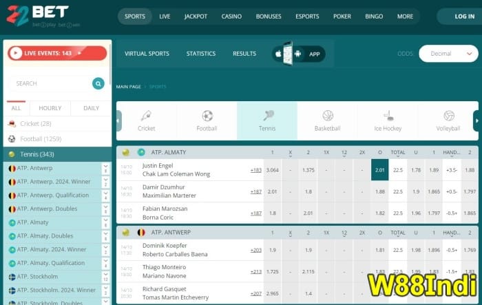 tennis betting websites 22BET online recommended by w88indi