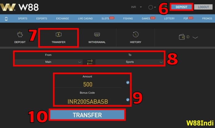 claim w88 promotion with first deposit and transfer step 3