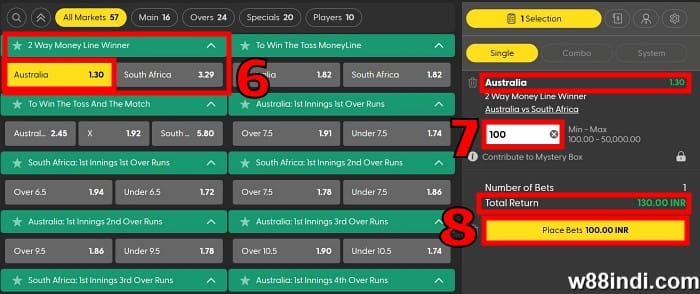 w88 cricket guide step 3 place a bet to win