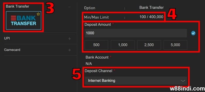 w88 deposit bank account step 2 select bank transfer and enter amount