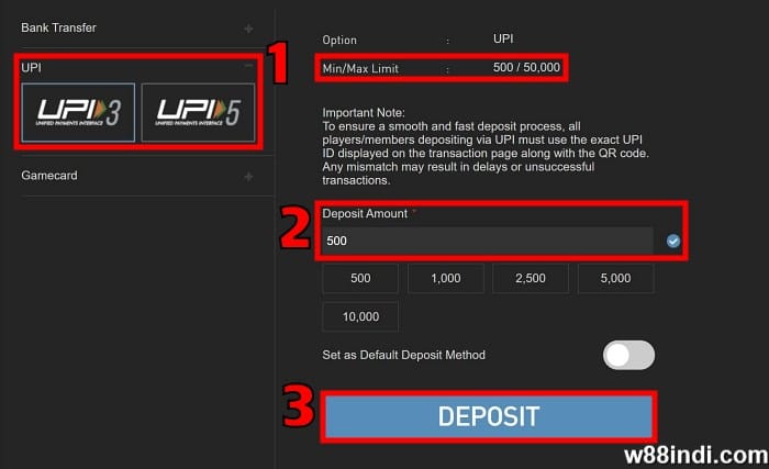 w88 deposit upi method step 1