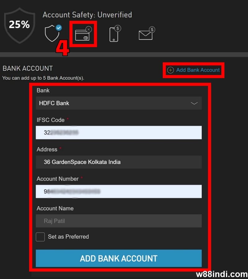 w88 free credit step 2 add bank details