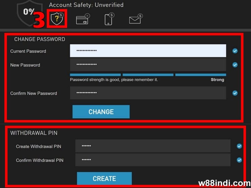 w88 free credit step 2 add password and withdrawal pin