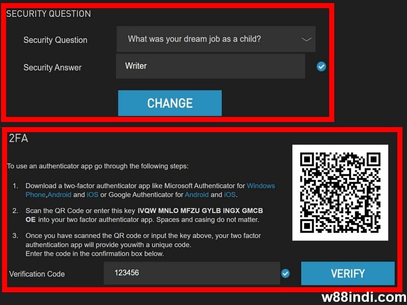 w88 free credit step 2 add security question and 2fa