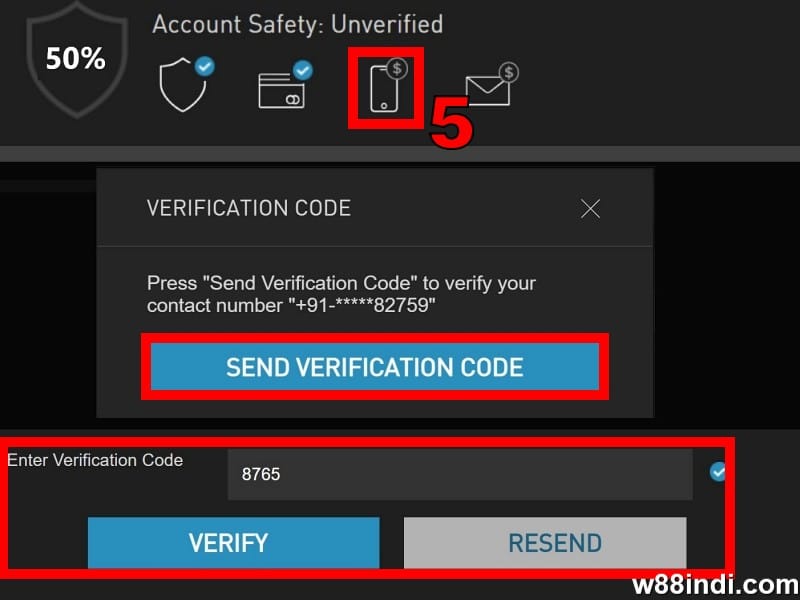 w88 free credit step 2 verify phone number