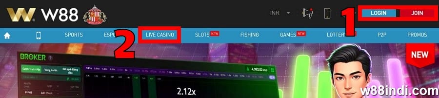 w88 live casino step 1 log into w88
