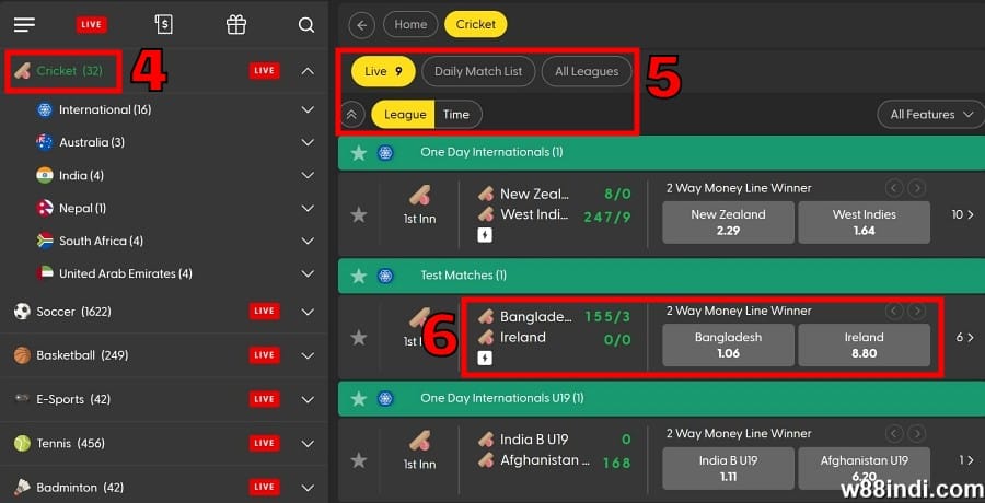 w88 sportsbook step 2 select a sport and match
