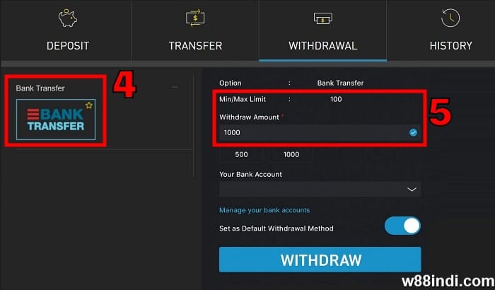 w88 withdrawal step 2 select bank transfer and enter amount