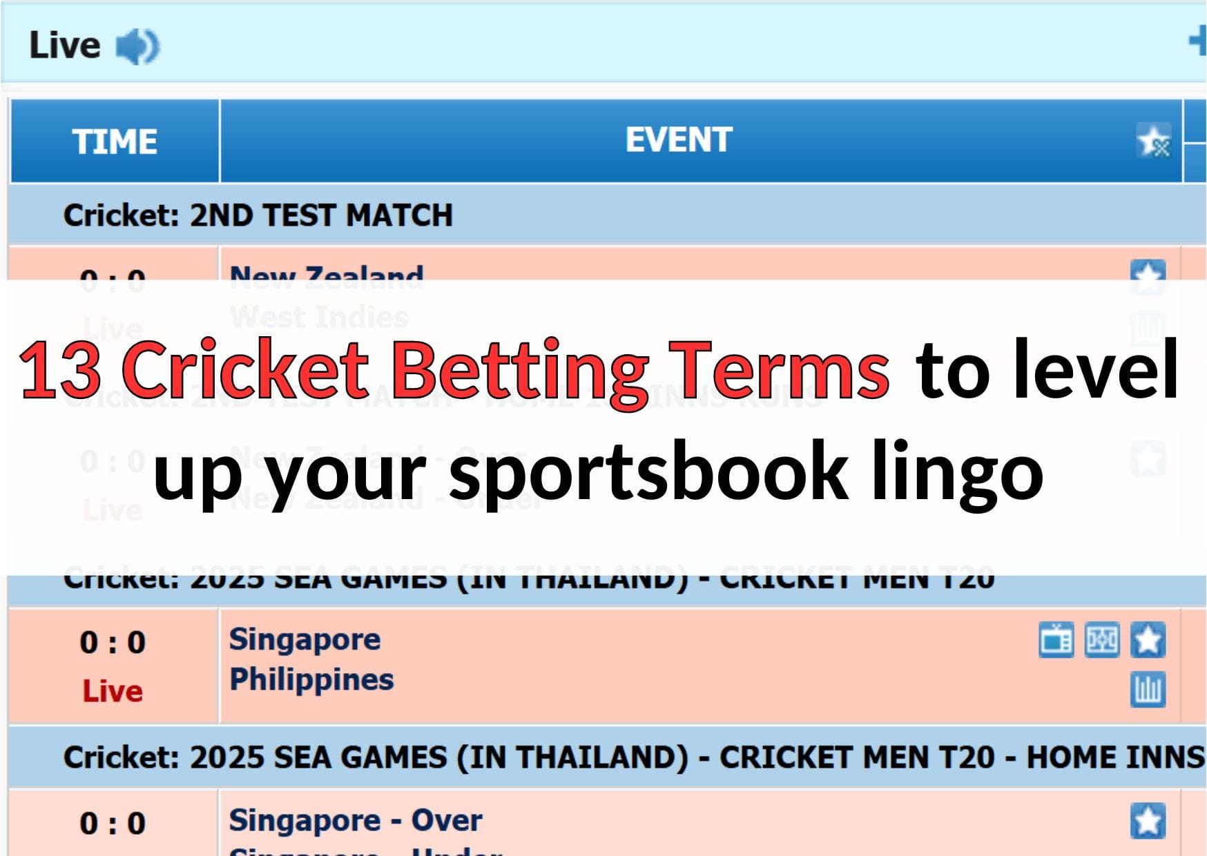 cricket betting terms